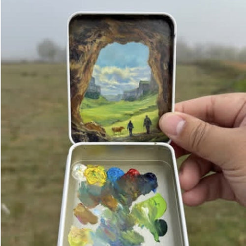 Limited edition pocket oil painting with a cave landscape scene